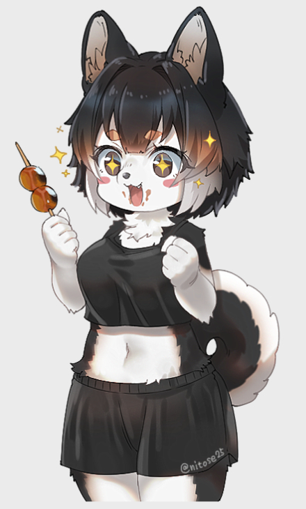 +_+ 1girl :3 :d animal_ears dango dog_ears dog_girl dog_tail fang food food_on_face furry holding holding_food midriff nyifu open_mouth original short_shorts shorts simple_background skewer smile solo tail wagashi