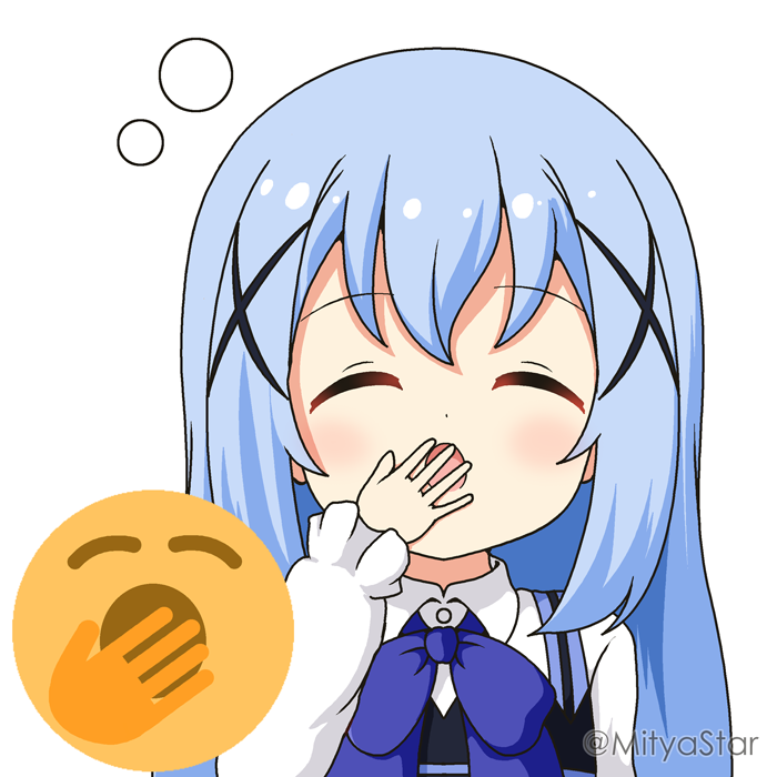 1girl :o bangs blue_hair blue_vest blush bow closed_eyes collared_shirt commentary_request dress_shirt emoji eyebrows_visible_through_hair facing_viewer gochuumon_wa_usagi_desu_ka? hair_ornament hand_to_own_mouth hand_up imitating kafuu_chino long_hair long_sleeves miicha open_mouth purple_bow rabbit_house_uniform shirt simple_background sleeves_past_wrists solo twitter_username uniform upper_body vest waitress white_background white_shirt x_hair_ornament yawning