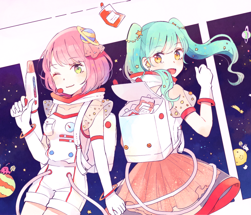 2girls alien bangs commentary_request copyright_request cowboy_shot elbow_gloves fangs gloves green_eyes green_hair hair_ornament holding long_hair mozukuzu_(manukedori) multiple_girls one_eye_closed open_mouth pink_hair planet_hair_ornament science_fiction shooting_star short_hair short_sleeves smile space spacesuit star_(sky) star_(symbol) star_hair_ornament twintails white_gloves yellow_eyes