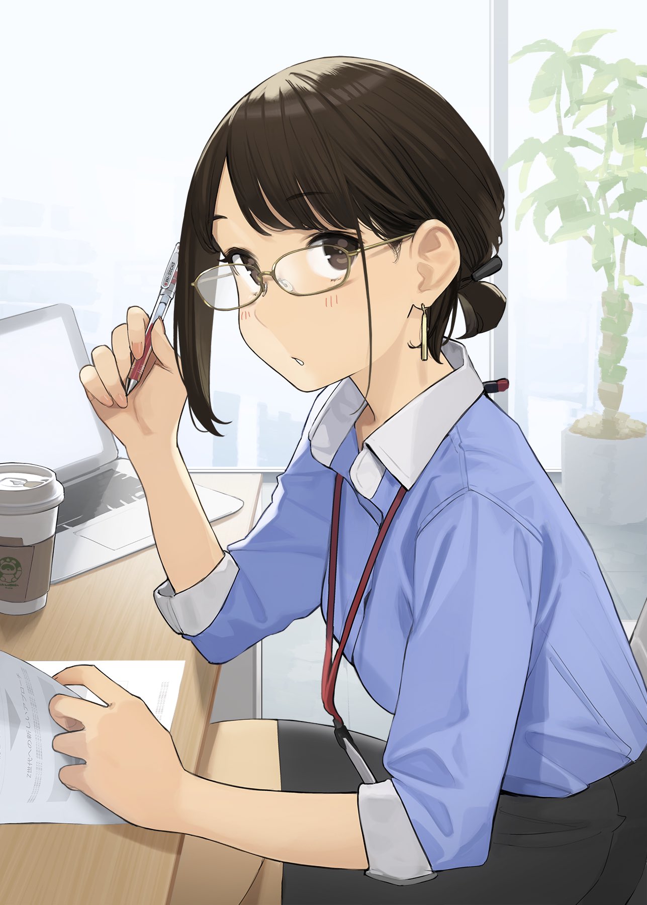 1girl blue_shirt brown_eyes brown_hair coffee_cup commentary_request computer crossed_legs cup desk disposable_cup douki-chan_(yomu_(sgt_epper)) earrings ganbare_douki-chan glasses highres holding holding_pen id_card jewelry laptop light_blush looking_at_viewer office_lady paper parted_lips pen pencil_skirt shirt short_hair skirt solo tied_hair yomu_(sgt_epper)