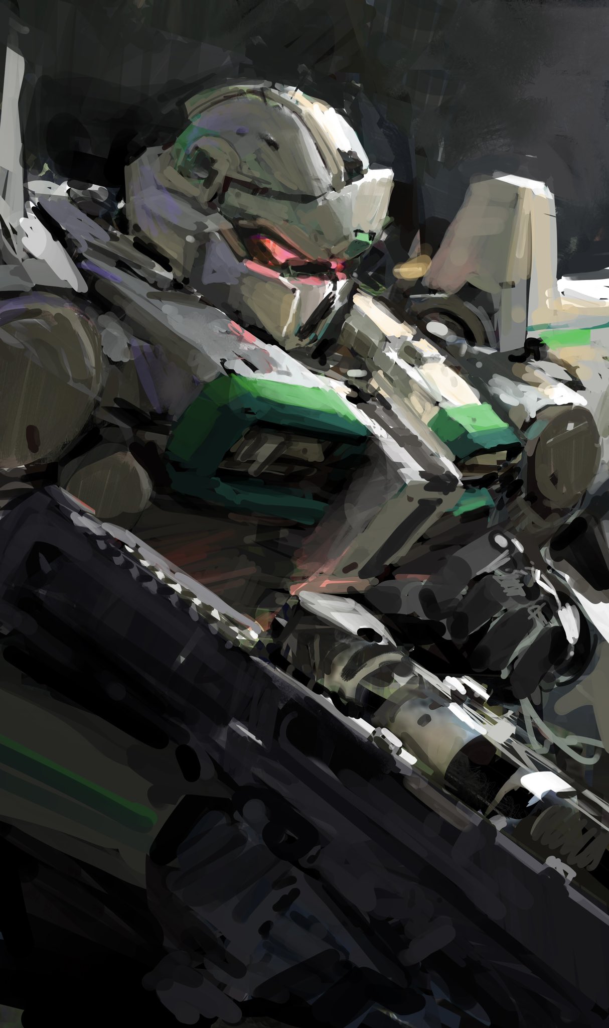 from_side glowing glowing_eyes gun highres holding holding_gun holding_weapon john_liberto looking_down mecha no_humans open_hand original red_eyes science_fiction sketch solo weapon