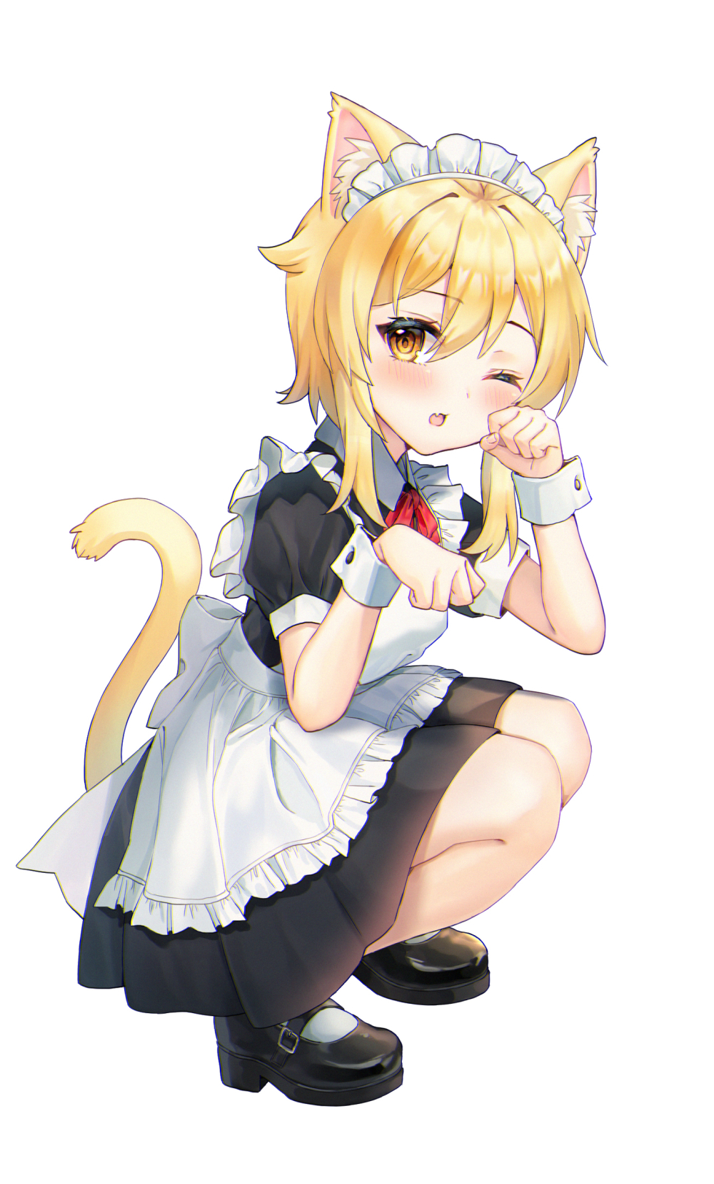 1girl ;o alternate_costume animal_ears apron bangs black_footwear blonde_hair bow bowtie cat_ears cat_girl cat_tail commentary_request enmaided eyebrows_visible_through_hair fang genshin_impact hair_between_eyes highres hue kemonomimi_mode looking_at_viewer lumine_(genshin_impact) maid maid_apron maid_headdress mary_janes one_eye_closed paw_pose shoes short_hair short_hair_with_long_locks short_sleeves sidelocks simple_background socks solo squatting tail white_background white_legwear wrist_cuffs yellow_eyes