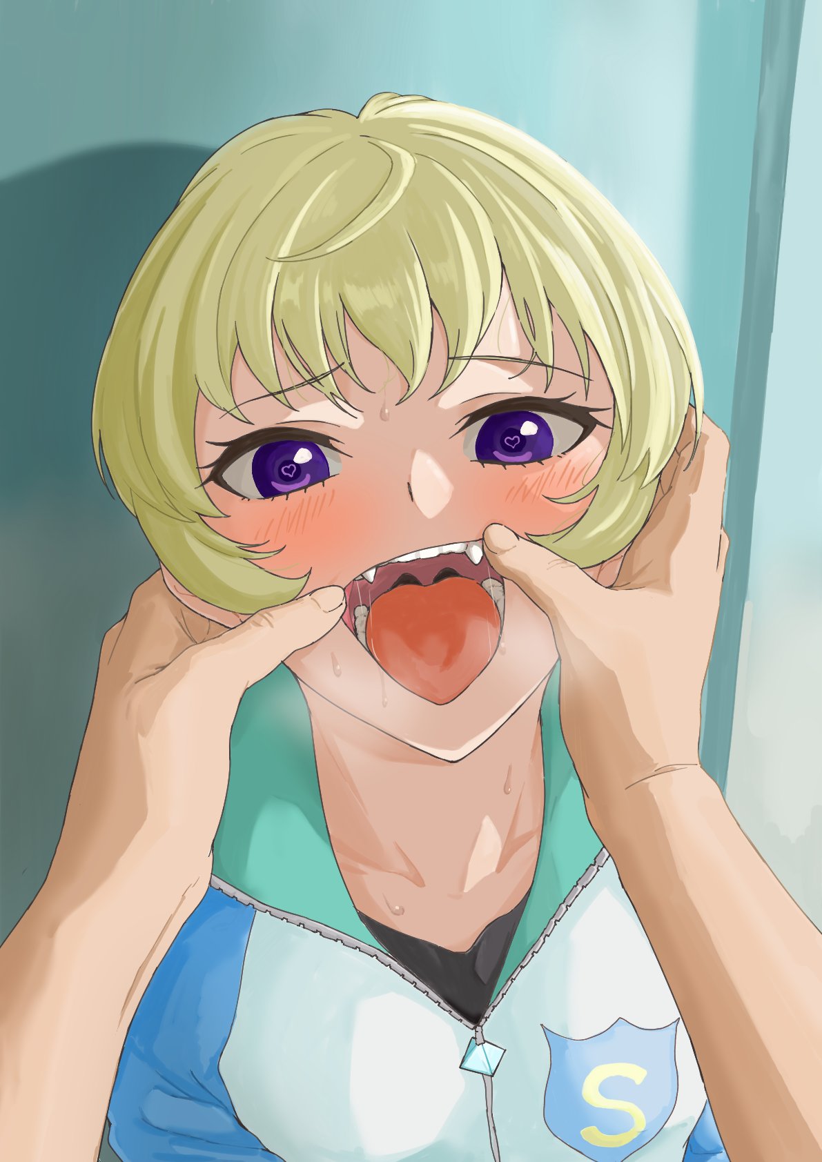 1girl 1other blonde_hair blush copyright_request fangs heart heart-shaped_pupils highres jacket looking_at_viewer open_mouth osame pov pov_hands saliva short_hair symbol-shaped_pupils violet_eyes