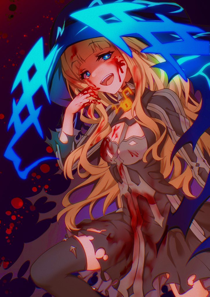 1girl bangs blonde_hair blood blood_on_clothes blood_on_face blood_splatter blue_eyes blunt_bangs boots choker detached_sleeves dress glowing glowing_eyes happy hood junyakun0405 laughing long_hair looking_at_viewer open_mouth possessed red_riding_hood_(sinoalice) sinoalice solo thigh-highs thigh_boots yandere