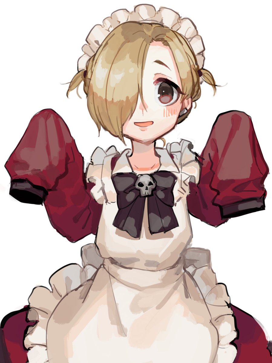 1girl :d alternate_costume apron blonde_hair blush bow bowtie brown_bow brown_eyes brown_neckwear cowboy_shot dress ear_clip earrings enmaided hair_over_one_eye hands_up highres idolmaster idolmaster_cinderella_girls isis_(p&amp;d) jewelry kotatiyu long_sleeves looking_at_viewer maid maid_apron maid_headdress one_eye_covered open_mouth red_dress sanpaku shirasaka_koume short_hair short_twintails simple_background sleeves_past_fingers sleeves_past_wrists smile solo twintails white_apron white_background