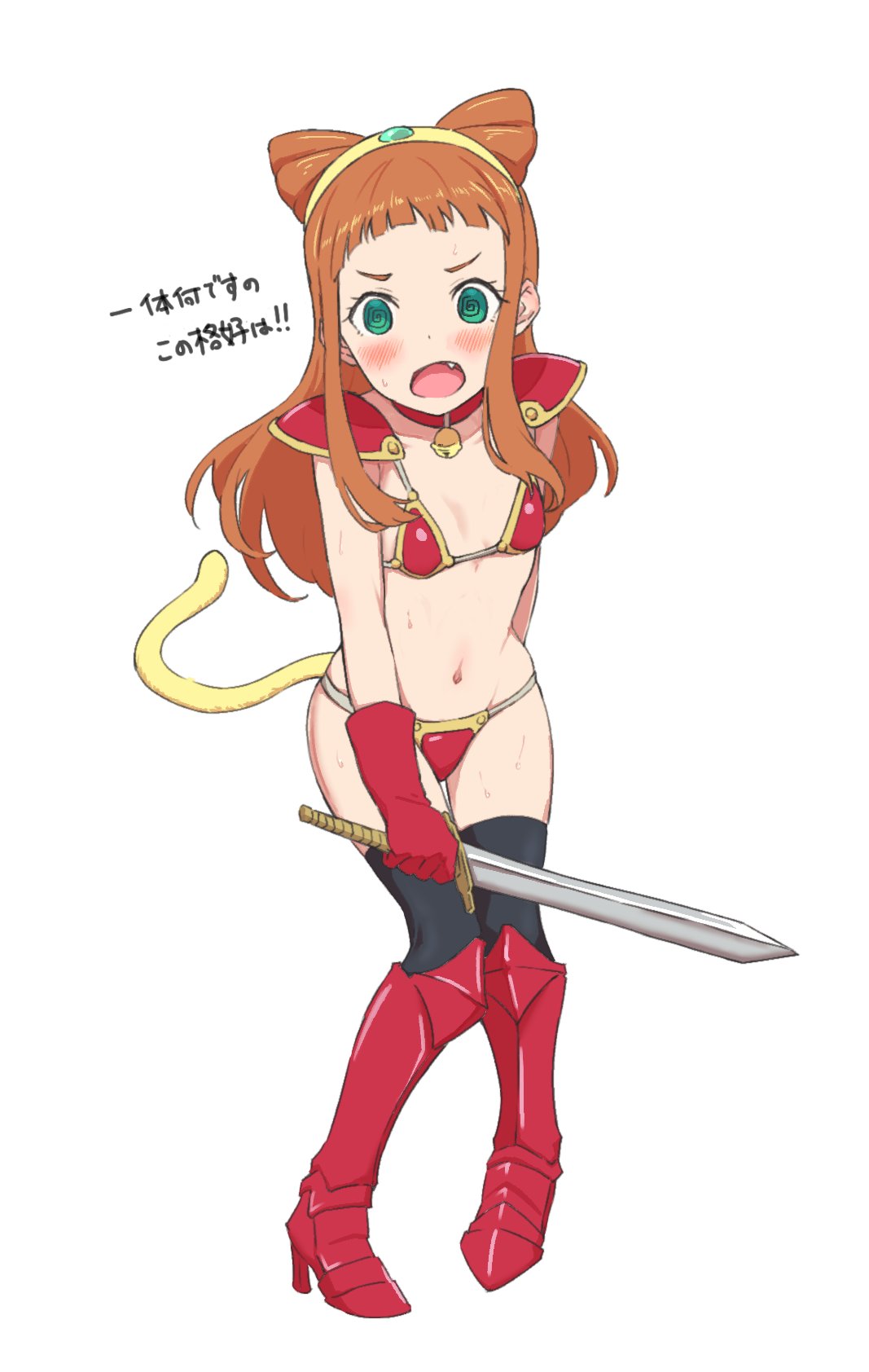 1girl @_@ armor bikini bikini_armor black_legwear blush boots copyright_request dot_nose embarrassed fang full_body gloves green_eyes hair_cones hairband high_heel_boots high_heels highres holding holding_sword holding_weapon knee_boots looking_at_viewer navel open_mouth osame pauldrons red_bikini red_footwear red_gloves shoulder_armor simple_background solo standing sweat swimsuit sword tail thigh-highs weapon white_background