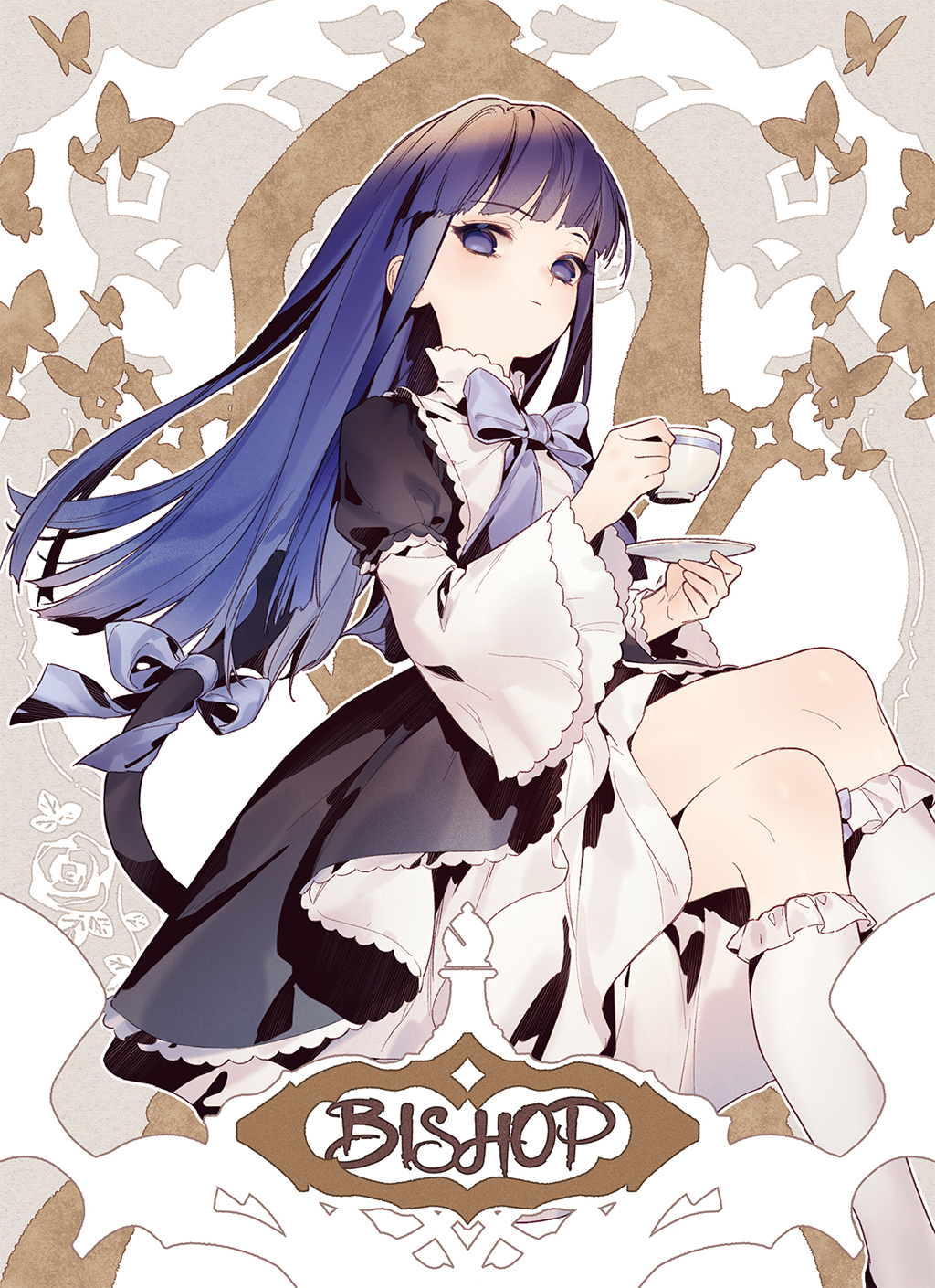 1girl aluce bangs bishop_(chess) blue_eyes blue_hair blunt_bangs bow bowtie bug butterfly cat_tail chess_piece closed_mouth cup dress frederica_bernkastel frilled_dress frills highres holding holding_cup juliet_sleeves long_dress long_hair long_sleeves looking_at_viewer puffy_sleeves purple_hair saucer serious sitting solo tail tail_ornament tail_ring tea teacup umineko_no_naku_koro_ni violet_eyes white_legwear witch