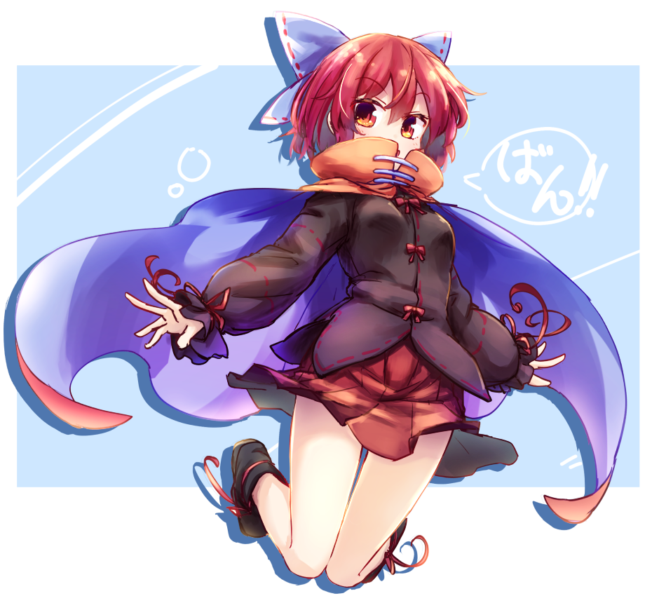 1girl bangs black_footwear black_shirt blue_background blue_bow bow cape full_body hair_bow high_collar isu_(is88) long_sleeves looking_at_viewer open_mouth purple_cape red_cape red_eyes red_skirt redhead sekibanki shirt shoes short_hair skirt smile solo touhou two-sided_cape two-sided_fabric