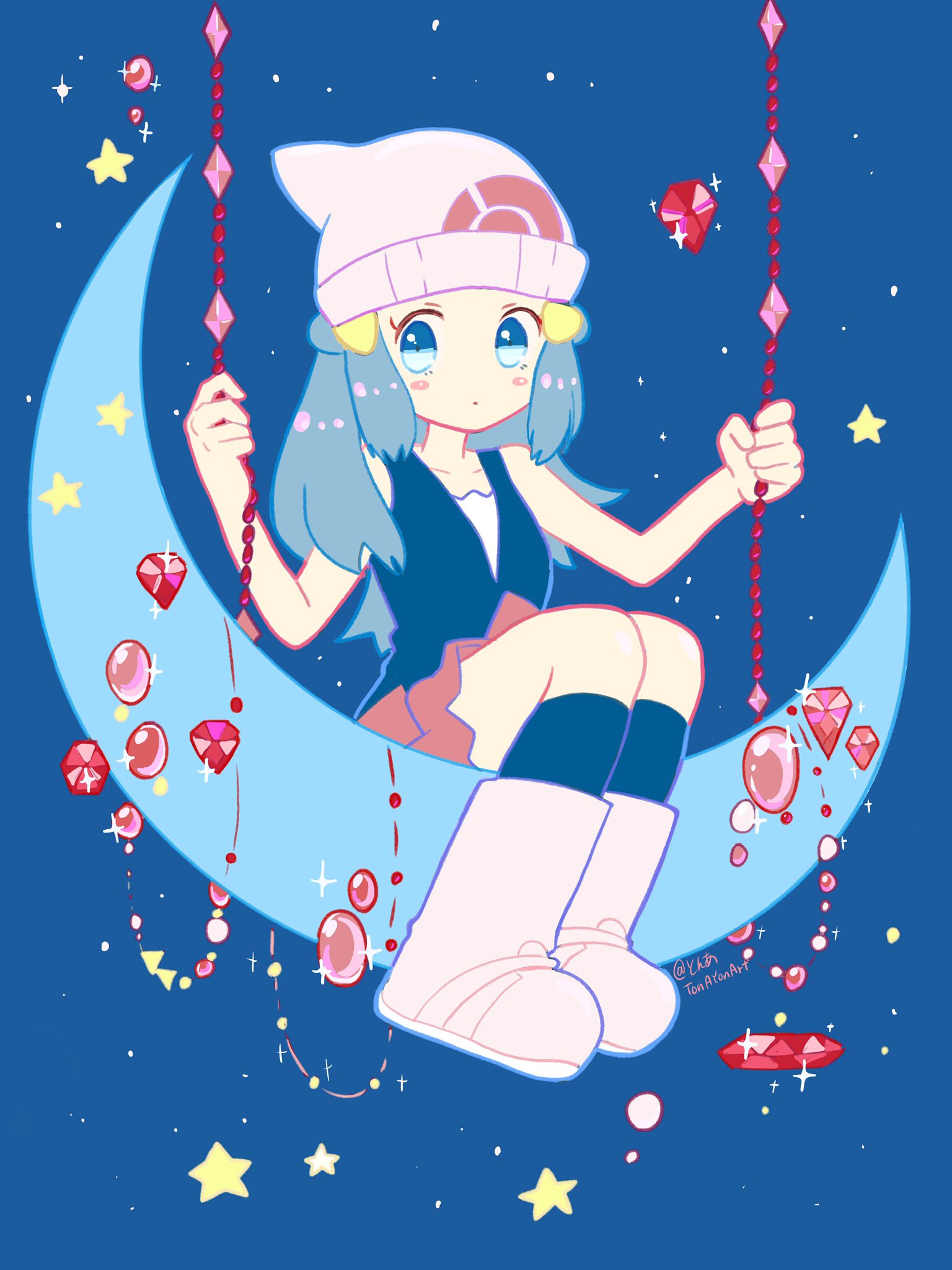 1girl bare_shoulders beanie black_legwear black_shirt blue_eyes blue_hair blush_stickers boots hikari_(pokemon) gem hair_ornament hairclip hat highres moon night night_sky on_moon pink_footwear pink_skirt poke_ball_symbol pokemon pokemon_(game) pokemon_dppt shirt sidelocks sitting skirt sky socks solo sparkle star_(sky) star_(symbol) starry_sky swing tonayon twitter_username white_headwear