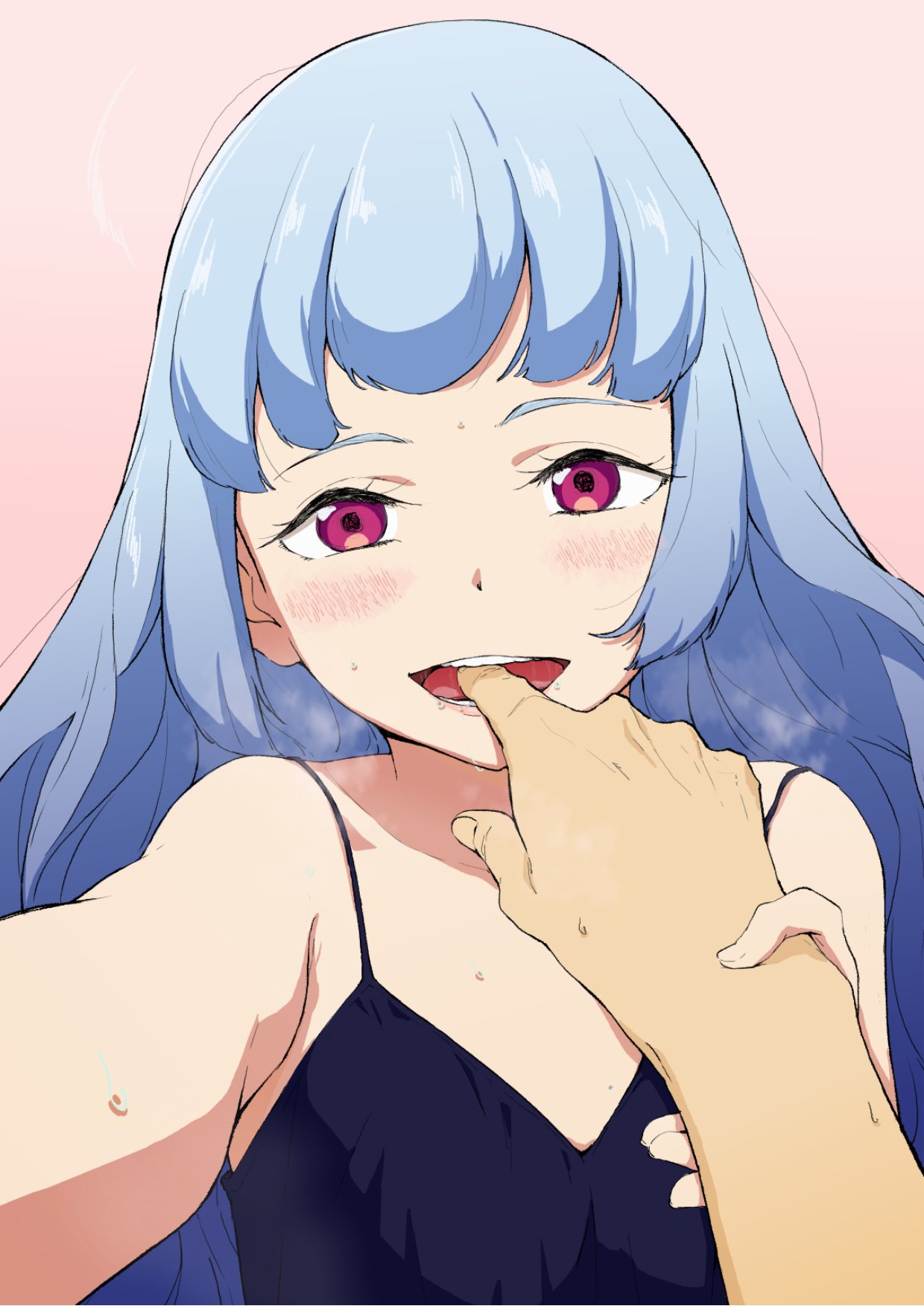 1girl 1other blue_hair blush breath camisole copyright_request finger_in_another's_mouth highres long_hair looking_at_viewer osame pink_background pink_eyes pov pov_hands reaching_out saliva smile sweat