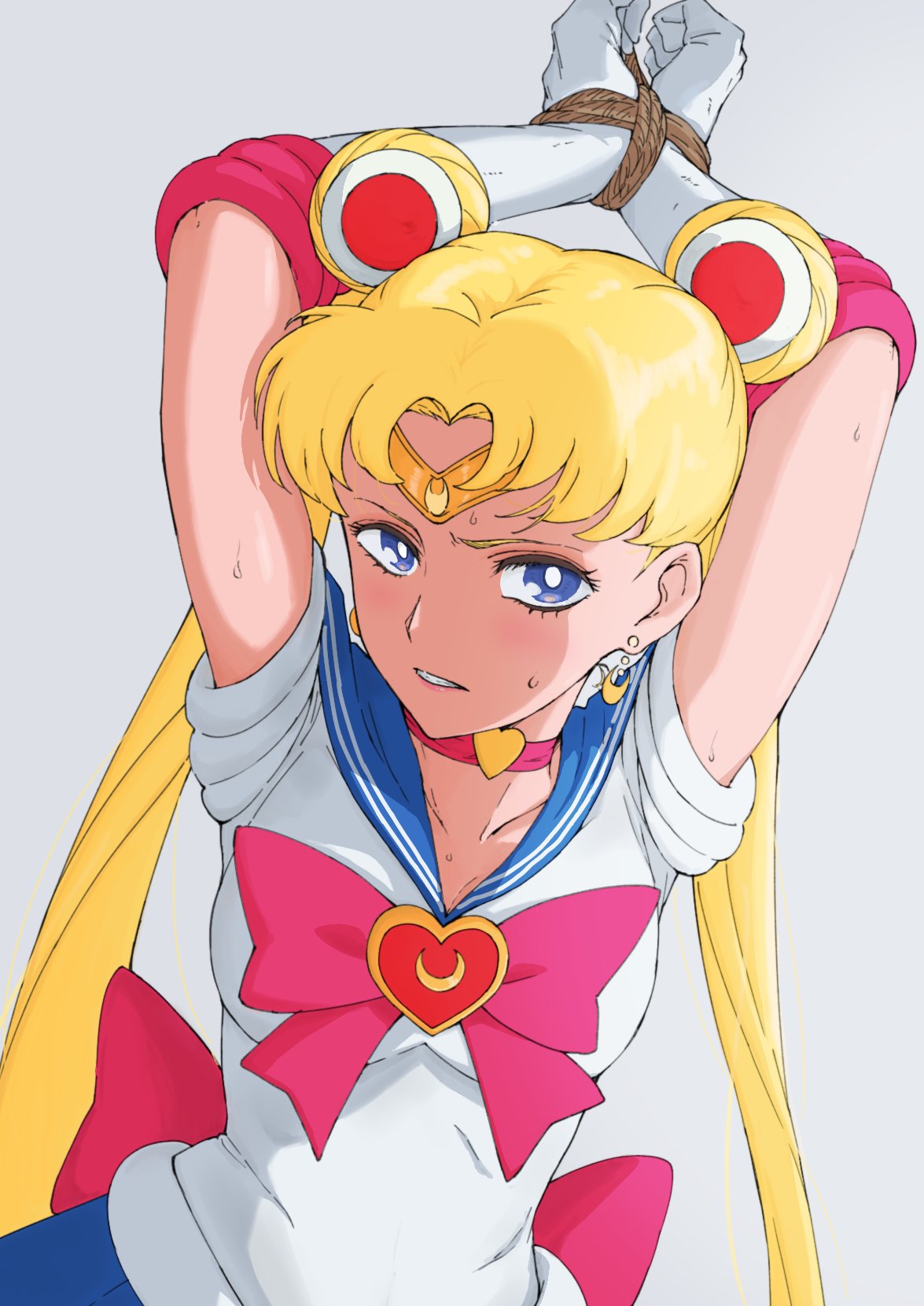 1girl arms_up bishoujo_senshi_sailor_moon blonde_hair blue_eyes blue_sailor_collar bound bound_wrists bow bowtie bright_pupils choker circlet crescent crescent_earrings earrings gloves grey_background hands_up heart heart_choker highres jewelry long_hair looking_at_viewer osame parted_lips pink_bow pink_choker red_bow red_neckwear rope sailor_collar sailor_moon sanpaku school_uniform serafuku shirt simple_background solo tsukino_usagi twintails white_gloves white_pupils white_shirt