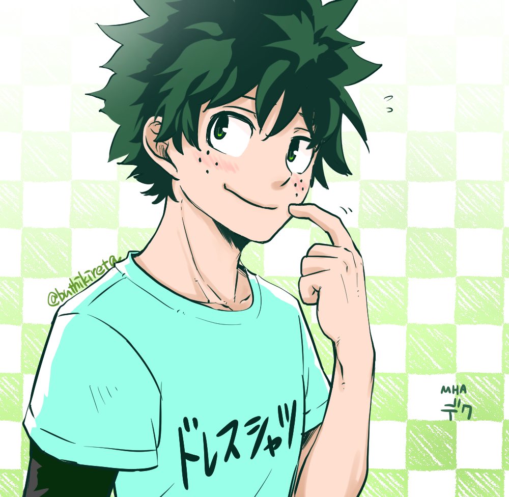 1boy bangs black_hair boku_no_hero_academia buthikireta checkered checkered_background collarbone commentary_request flying_sweatdrops freckles from_side green_eyes green_hair green_shirt hand_up looking_at_viewer male_focus multicolored_hair scratching_cheek shirt short_sleeves smile solo translation_request two-tone_hair upper_body