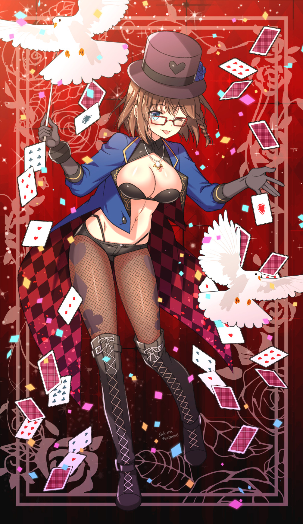1girl artist_name bird blue_eyes boots braid breasts brown_hair card charlotte_corday_(fate) charlotte_corday_(swimsuit_caster)_(fate) confetti dove fate/grand_order fate_(series) fishnet_legwear fishnets glasses gloves hat highres jewelry large_breasts magician navel one_eye_closed pendant playing_card sakura_tsubame tongue tongue_out top_hat