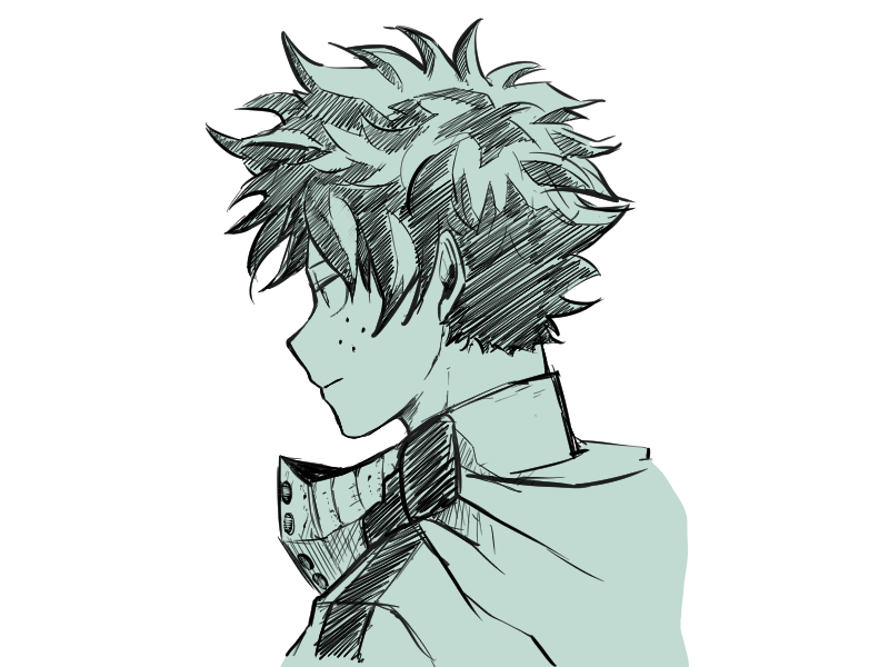 1boy bangs boku_no_hero_academia buthikireta closed_mouth commentary_request cropped_shoulders expressionless freckles from_side greyscale hood hood_down male_focus mask midoriya_izuku monochrome mouth_mask multicolored_hair profile simple_background solo two-tone_hair uniform upper_body white_background