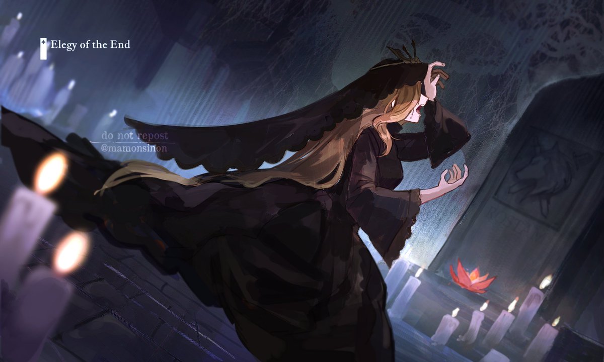 1girl black_dress blonde_hair blurry blurry_foreground candle commentary covered_eyes crying dress dutch_angle english_commentary english_text fire flame flower frilled_sleeves frills from_side funeral_dress genshin_impact long_hair long_sleeves mamonsinon mask mourning open_mouth red_flower signora_(genshin_impact) solo stone_floor tombstone twitter_username
