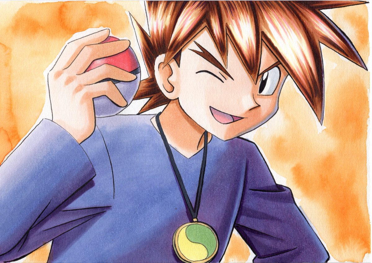 1boy ;d bangs black_eyes brown_hair commentary gary_oak holding holding_poke_ball jewelry long_sleeves male_focus necklace oka_mochi one_eye_closed open_mouth orange_background poke_ball poke_ball_(basic) pokemon pokemon_(anime) pokemon_(classic_anime) purple_shirt shirt short_hair smile solo spiky_hair tongue traditional_media upper_body