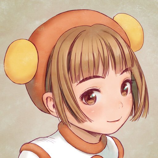 bangs brown_eyes brown_hair gouketsuji_ichizoku grey_background hananokouji_kurara hat murata_range official_art photoshop_(medium) short_hair simple_background smile upper_body