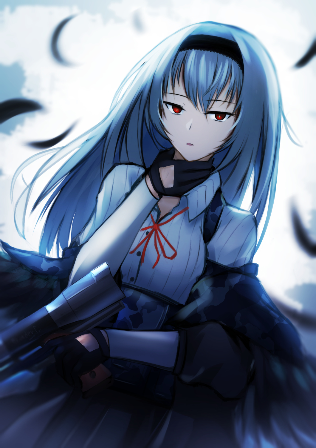1girl black_gloves black_hairband black_skirt blue_hair closed_mouth eyebrows_visible_through_hair feathers girls_frontline gloves gun hairband hand_on_own_neck highres holding holding_gun holding_weapon lodbyy long_hair looking_at_viewer neck_ribbon red_eyes red_ribbon ribbon shirt simple_background skirt solo suspender_skirt suspenders thunder_(girls'_frontline) weapon white_shirt