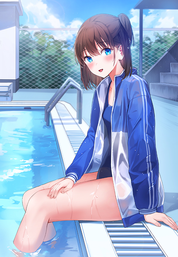 1girl :d bangs bare_legs blue_eyes blue_swimsuit blush brown_hair competition_swimsuit day eyebrows_visible_through_hair feet_out_of_frame from_side jacket long_sleeves looking_at_viewer looking_to_the_side multicolored multicolored_clothes multicolored_jacket one-piece_swimsuit one_side_up open_clothes open_jacket open_mouth original outdoors pool pool_ladder poolside rangu short_hair sitting smile soaking_feet solo stairs swimsuit swimsuit_under_clothes two-tone_jacket water