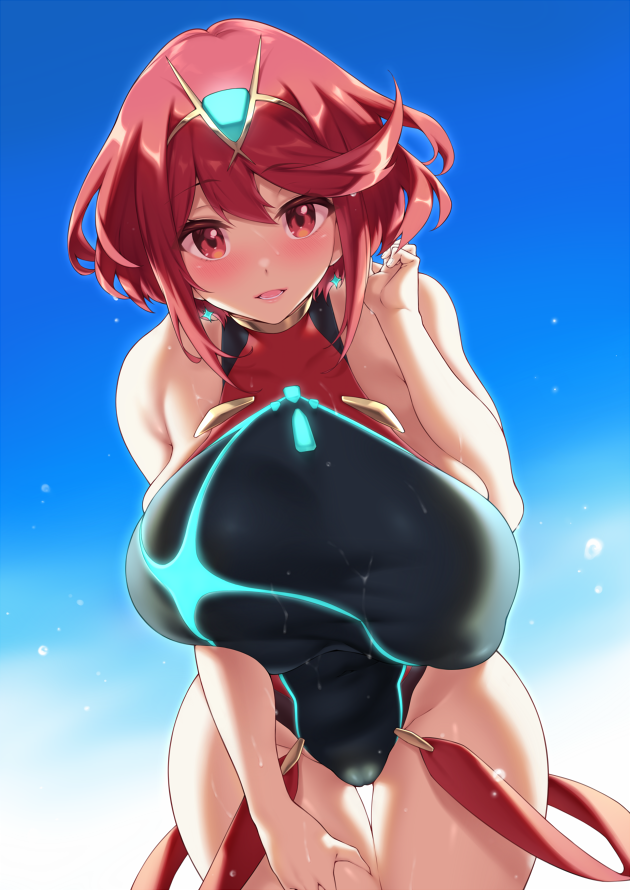 1girl bangs bare_shoulders black_swimsuit blue_sky blush breasts chest_jewel earrings fuya_(tempupupu) jewelry large_breasts looking_at_viewer one-piece_swimsuit open_mouth pyra_(pro_swimmer)_(xenoblade) pyra_(xenoblade) red_eyes red_swimsuit redhead short_hair sky smile solo swept_bangs swimsuit tiara two-tone_swimsuit xenoblade_chronicles_(series) xenoblade_chronicles_2