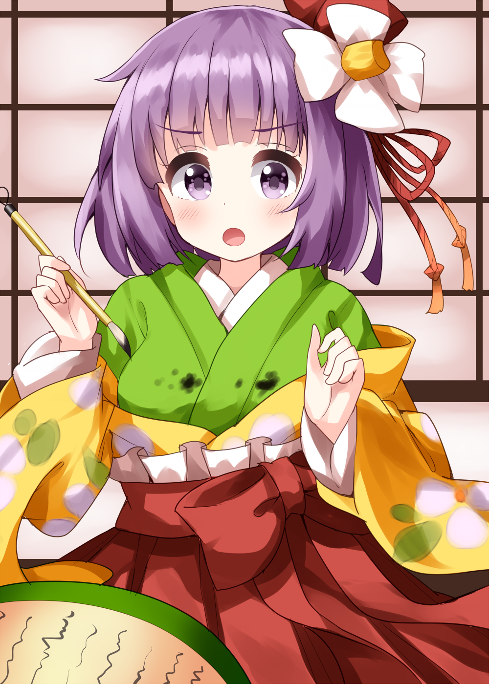 1girl :o bangs eyebrows_visible_through_hair floral_print flower green_kimono hair_flower hair_ornament hieda_no_akyuu highres holding holding_paintbrush indoors ink ink_on_clothes japanese_clothes kimono long_sleeves looking_at_viewer open_mouth paintbrush purple_hair red_skirt ruu_(tksymkw) scroll short_hair skirt solo touhou v-shaped_eyebrows violet_eyes white_flower wide_sleeves