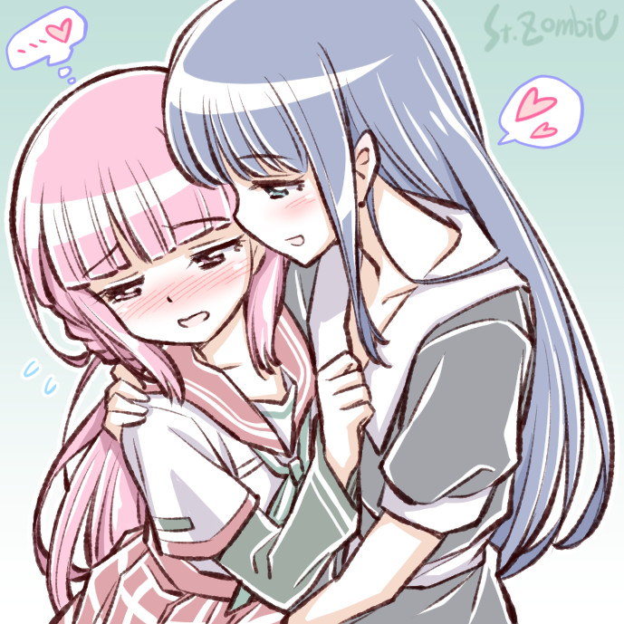 2girls arm_around_shoulder artist_name blue_hair blush braid embarrassed flying_sweatdrops heart long_hair magia_record:_mahou_shoujo_madoka_magica_gaiden mahou_shoujo_madoka_magica multiple_girls nanami_yachiyo pink_hair school_uniform serafuku smile spoken_heart studiozombie tamaki_iroha upper_body yuri