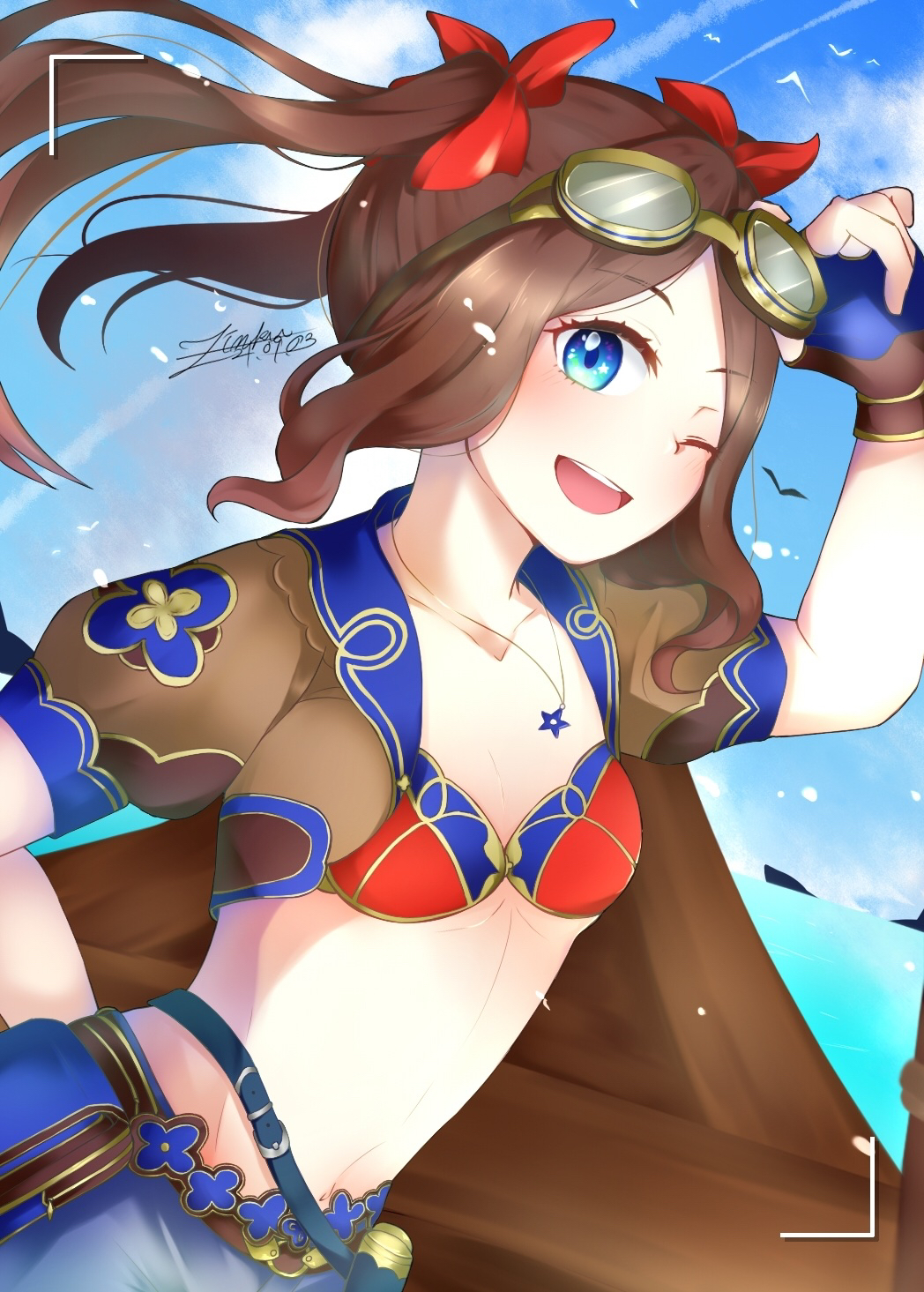 1girl bangs bikini bikini_top blue_eyes blue_shorts blue_sky blush breasts brown_gloves brown_hair collarbone fate/grand_order fate_(series) fingerless_gloves forehead gloves goggles hair_ribbon highres jewelry leonardo_da_vinci_(fate) leonardo_da_vinci_(swimsuit_ruler)_(fate) long_hair looking_at_viewer necklace one_eye_closed open_mouth parted_bangs puffy_short_sleeves puffy_sleeves red_bikini red_ribbon ribbon short_shorts short_sleeves shorts shrug_(clothing) sidelocks sky small_breasts smile solo swimsuit twintails zinku0206