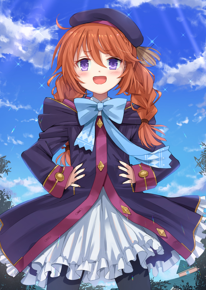 1girl :d bangs beret black_headwear black_legwear blue_bow blue_sky blush bow braid brown_hair clouds coat collared_dress commentary_request day dress eyebrows_visible_through_hair frilled_coat frilled_dress frills hair_between_eyes hands_on_hips hat hood hood_down hooded_coat inuno_pesu long_hair long_sleeves natusimamemo open_mouth outdoors pantyhose princess_connect! purple_coat sky sleeves_past_wrists smile solo twin_braids twintails violet_eyes white_dress yuni_(princess_connect!)