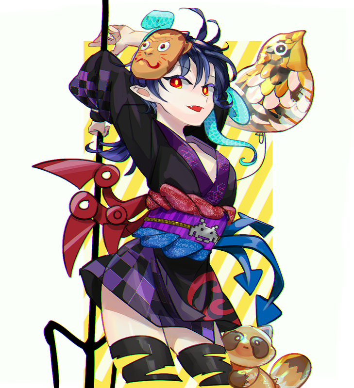 1girl alternate_costume arms_behind_head asymmetrical_wings balloon black_kimono black_legwear black_sleeves chamaruku checkered checkered_kimono dark_blue_hair eyebrows_visible_through_hair fang holding holding_polearm holding_weapon houjuu_nue japanese_clothes kimono long_sleeves looking_at_viewer mask monkey_mask obi open_mouth polearm raccoon red_eyes sash short_hair simple_background snake solo thigh-highs touhou trident weapon wide_sleeves wings