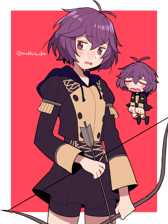 1girl antenna_hair arrow_(projectile) bangs bernadetta_von_varley black_shorts black_skirt blush bow_(weapon) buttons chibi closed_eyes do_m_kaeru eyebrows_visible_through_hair fire_emblem fire_emblem:_three_houses garreg_mach_monastery_uniform hair_between_eyes holding holding_arrow holding_bow_(weapon) holding_weapon hood hood_down juliet_sleeves long_sleeves looking_at_viewer miniskirt open_mouth puffy_sleeves purple_hair short_hair short_shorts shorts skirt solo twitter_username uniform violet_eyes weapon