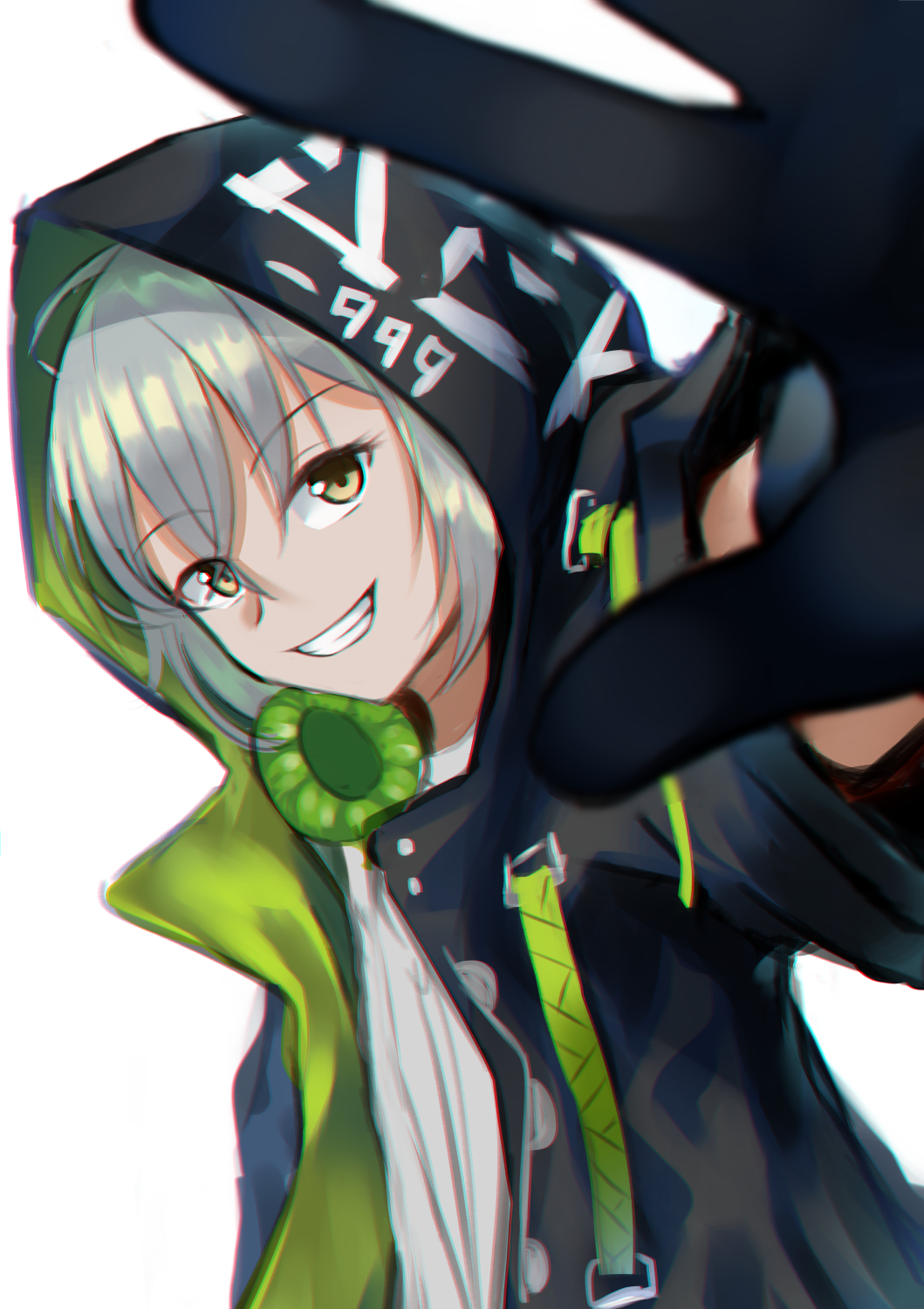 1girl aek-999_(girls'_frontline) black_gloves black_jacket covering eyebrows_visible_through_hair girls_frontline gloves grey_eyes grey_hair headphones headphones_around_neck highres hood hood_up hooded_jacket jacket lodbyy long_hair looking_at_viewer open_clothes open_jacket shirt smile solo white_background white_shirt