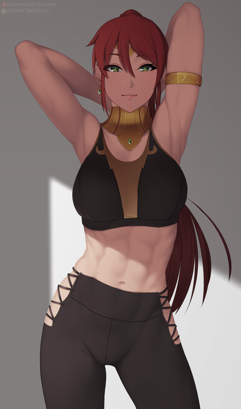 1girl abs armlet arms_behind_head arms_up breasts circlet closed_mouth commentary_request commission earrings gorget green_eyes hair_between_eyes highres hip_vent indoors jewelry large_breasts light_smile lips long_hair looking_at_viewer navel pants putcher pyrrha_nikos redhead revision rwby shade solo sports_bra stomach toned very_long_hair watermark web_address