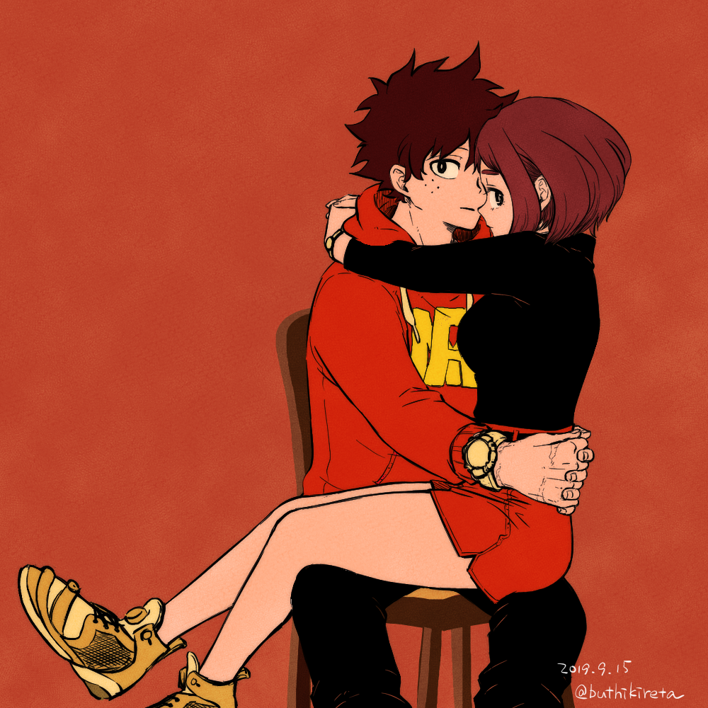 1boy 1girl alternate_hairstyle arms_around_neck bangs belt black_pants blush boku_no_hero_academia brown_hair buthikireta chair closed_mouth commentary_request couple hetero hood hood_down hoodie hug long_sleeves looking_at_viewer on_lap own_hands_together pants red_background redhead shoes short_hair simple_background sitting skirt watch watch