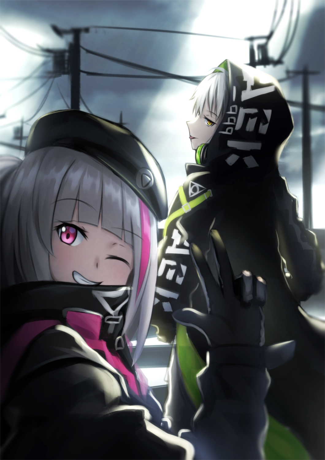 2girls aek-999_(girls'_frontline) beret black_gloves black_headwear black_jacket blush clouds cloudy_sky eyebrows_visible_through_hair feet_out_of_frame girls_frontline gloves grey_hair hat headphones headphones_around_neck highres hood hood_up hooded_jacket jacket lodbyy long_hair looking_at_viewer looking_back mdr_(girls'_frontline) multicolored_hair multiple_girls one_eye_closed simple_background sky smile standing tongue tongue_out v violet_eyes yellow_eyes