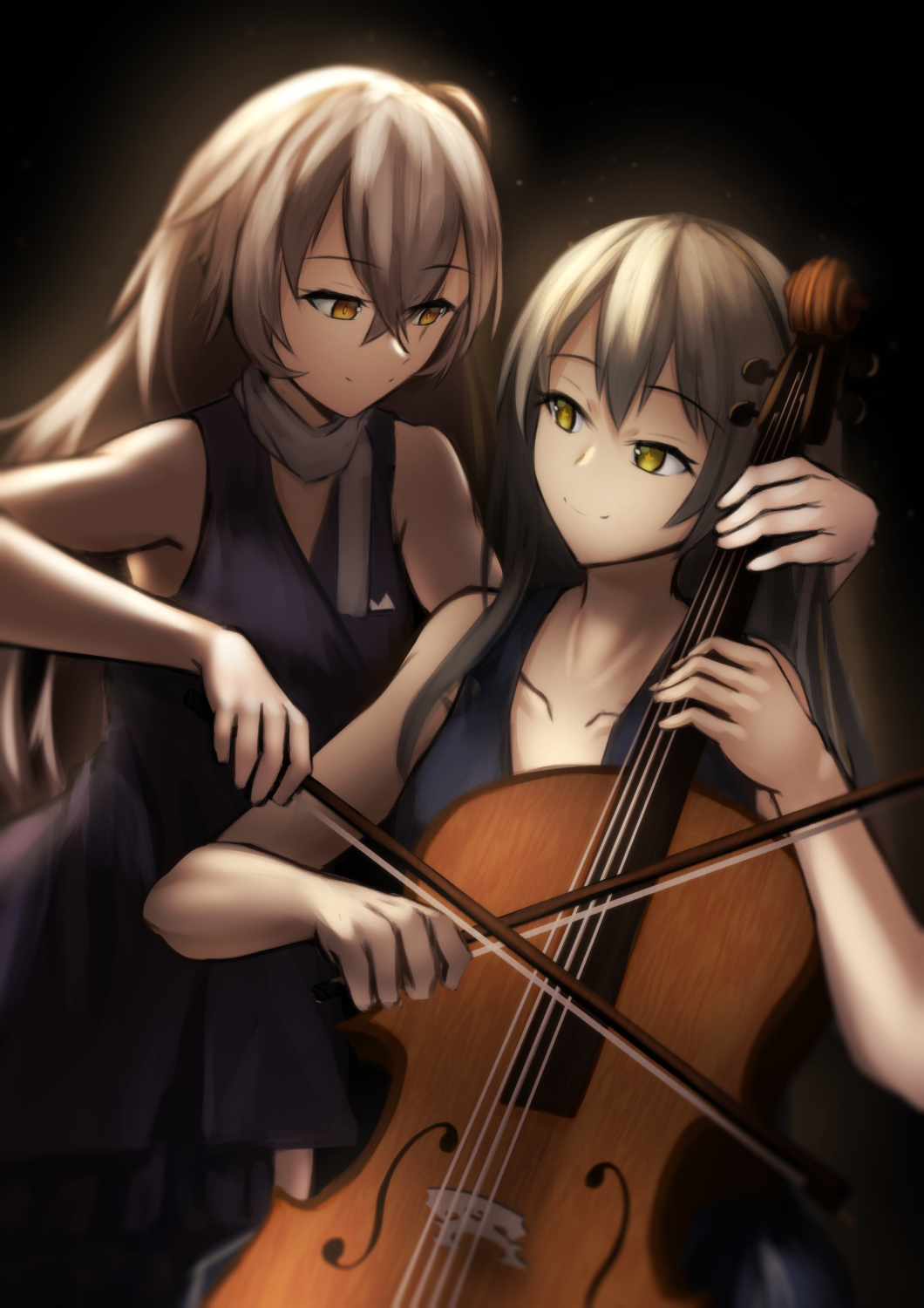 2girls blue_dress breasts brown_eyes brown_hair closed_mouth collarbone dress eyebrows_visible_through_hair girls_frontline grey_hair grey_scarf highres holding holding_instrument instrument lodbyy long_hair looking_at_another multiple_girls purple_dress scar scar_across_eye scarf side_ponytail simple_background smile ump40_(girls'_frontline) ump45_(girls'_frontline) yellow_eyes