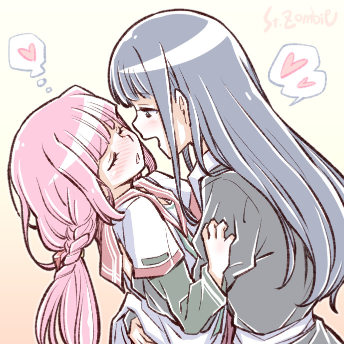 2girls artist_name blue_hair blush braid closed_eyes heart hug imminent_kiss long_hair magia_record:_mahou_shoujo_madoka_magica_gaiden mahou_shoujo_madoka_magica multiple_girls nanami_yachiyo pink_hair smile spoken_heart studiozombie tamaki_iroha upper_body yuri