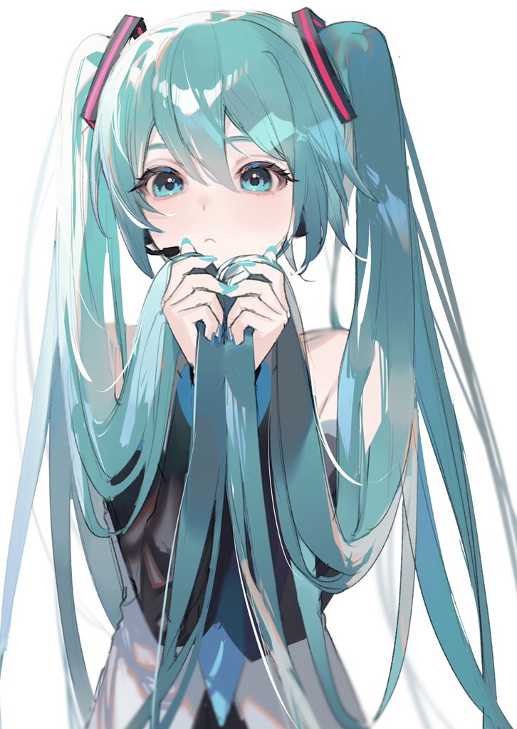 1girl aqua_eyes aqua_hair aqua_nails bangs bare_shoulders blue_neckwear closed_mouth detached_sleeves fingernails hair_tie hatsune_miku holding holding_hair light_blush long_hair looking_at_viewer nail_polish necktie sidelocks simple_background solo twintails upper_body vocaloid white_background zumi_(neronero126)