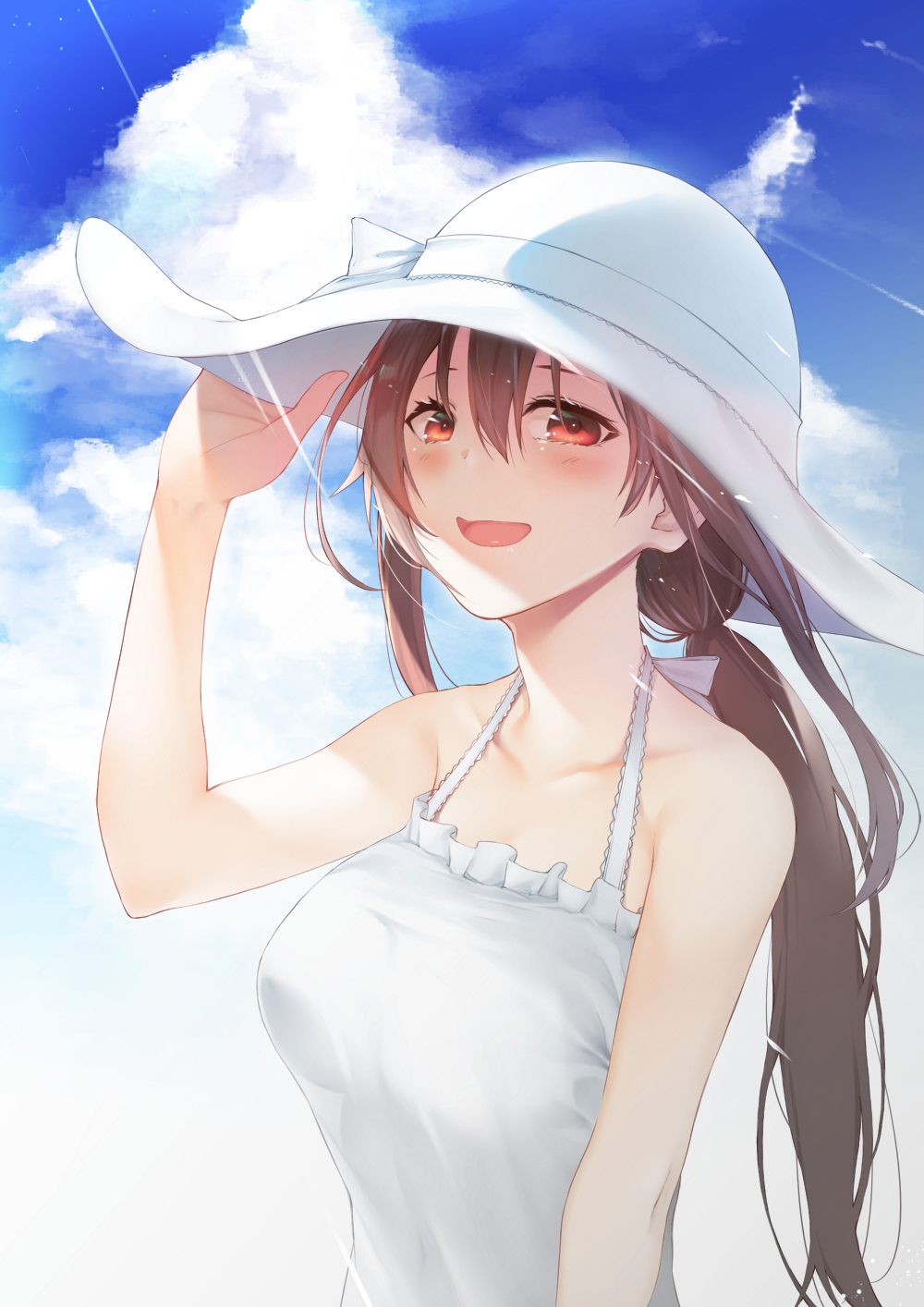 .live 1girl bangs bare_shoulders blush breasts brown_hair clouds collarbone dress hair_between_eyes halter_dress halterneck hat highres kuro_cat_3 large_breasts light_rays long_hair looking_at_viewer low_ponytail open_mouth red_eyes see-through_silhouette sky sleeveless sleeveless_dress smile solo sun_hat sundress very_long_hair virtual_youtuber white_dress white_headwear yaezawa_natori