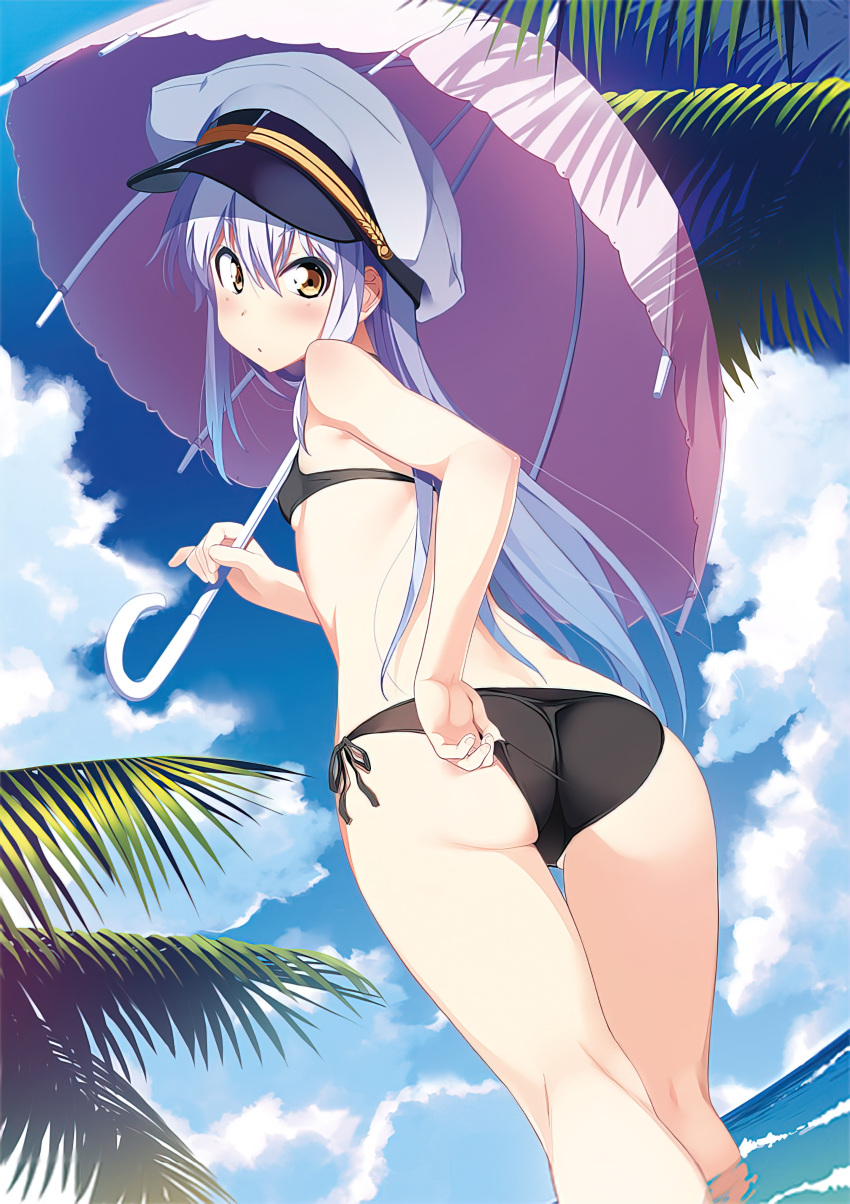 1girl adjusting_clothes adjusting_swimsuit ass bangs beach bikini black_bikini day dutch_angle eyebrows_visible_through_hair feet_out_of_frame hat highres holding holding_umbrella island_(game) kuuchuu_yousai long_hair looking_at_viewer looking_back official_art ohara_rinne outdoors peaked_cap photoshop_(medium) side-tie_bikini silver_hair solo swimsuit umbrella wading water yellow_eyes