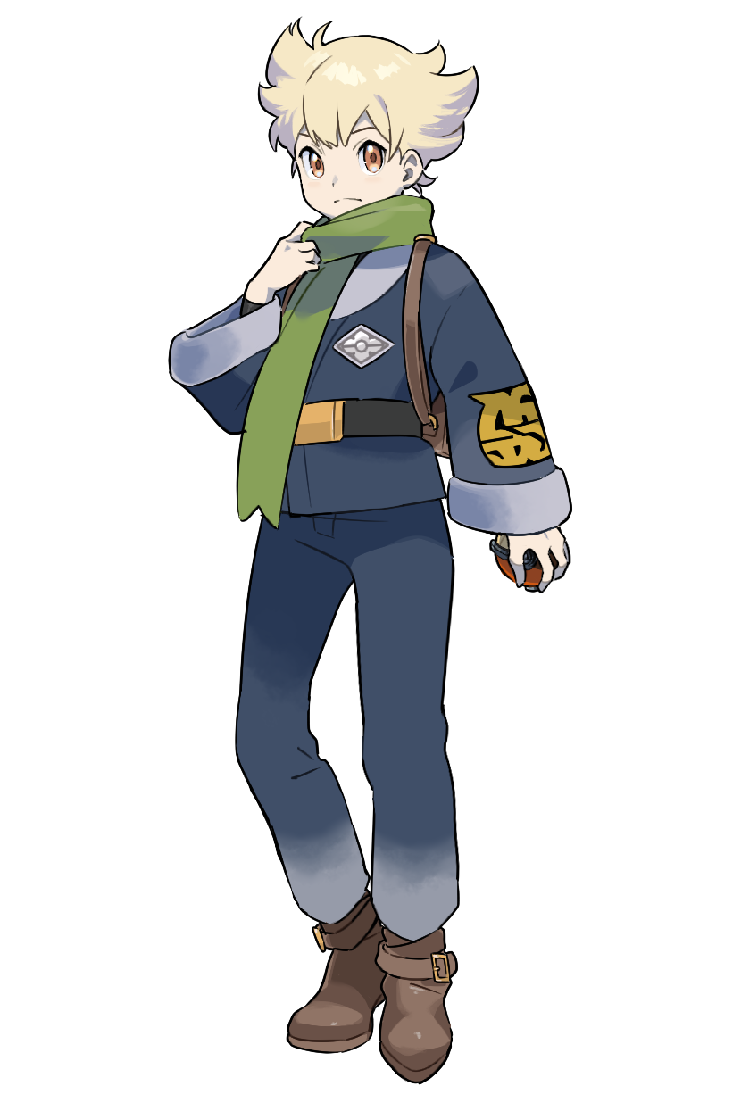 1boy alternate_costume bangs barry_(pokemon) belt belt_buckle black_undershirt blonde_hair boots brown_footwear buckle closed_mouth commentary_request frown full_body green_scarf grey_jacket grey_pants hand_up highres holding holding_poke_ball jacket long_sleeves male_focus orange_eyes pants poke_ball poke_ball_(legends) pokemon pokemon_(game) pokemon_dppt scarf short_hair solo standing taneta transparent_background