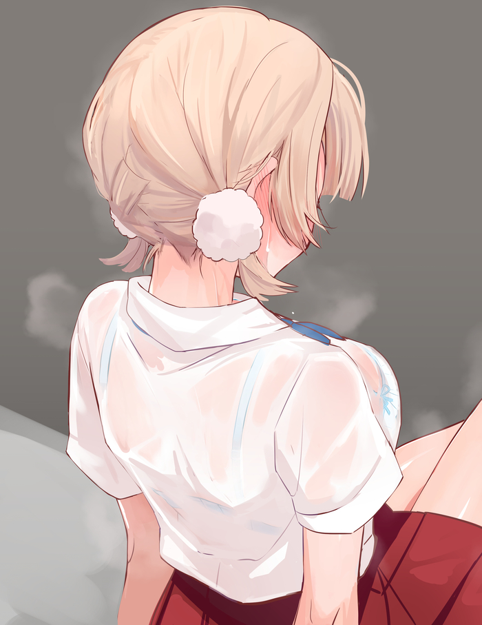 1girl back blonde_hair blush bra_through_clothes bralines dress_shirt ear_blush festa11307070 hair_ornament indie_virtual_youtuber nape pom_pom_(clothes) red_skirt see-through shigure_ui_(vtuber) shirt short_hair sitting skirt solo steaming_body sweat underwear virtual_youtuber wet wet_clothes wet_shirt