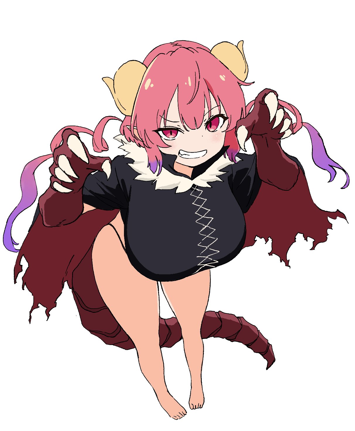 1girl animal_hands bare_legs barefoot blush breasts cape claw_pose curled_horns dot_nose dragon_tail full_body gradient_hair grin hands_up highres horns huge_breasts ilulu_(maidragon) kobayashi-san_chi_no_maidragon long_hair looking_at_viewer multicolored_hair osame pink_hair purple_hair red_cape red_eyes simple_background smile solo tail twintails two-sided_cape two-sided_fabric white_background