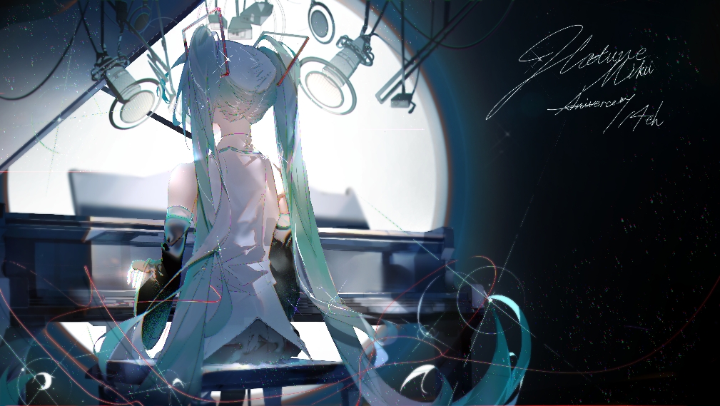 1girl anniversary aqua_hair bare_shoulders black_skirt black_sleeves character_name commentary detached_sleeves from_behind grey_shirt hair_ornament hatsune_miku iftuoma instrument long_hair microphone piano pleated_skirt pop_filter shirt signature sitting skirt sleeveless sleeveless_shirt solo sparkle twintails uta_ni_katachi_wa_nai_keredo_(vocaloid) very_long_hair vocaloid