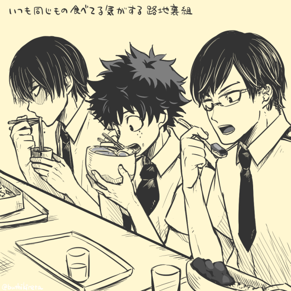 3boys bangs boku_no_hero_academia burn_scar buthikireta chopsticks commentary_request eating food fork glass glasses holding holding_chopsticks holding_fork iida_tenya male_focus midoriya_izuku multiple_boys necktie noodles open_mouth scar scar_on_face sepia shirt short_hair short_necktie sitting spot_color todoroki_shouto twitter_username upper_body