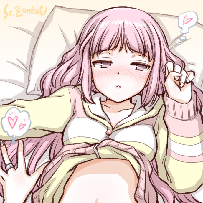 2girls artist_name belly blush clothes_lift hair_spread_out hand_up hands heart long_hair lying magia_record:_mahou_shoujo_madoka_magica_gaiden mahou_shoujo_madoka_magica multiple_girls nanami_yachiyo on_back on_bed out_of_frame pink_hair shirt_lift studiozombie tamaki_iroha thought_bubble upper_body yuri