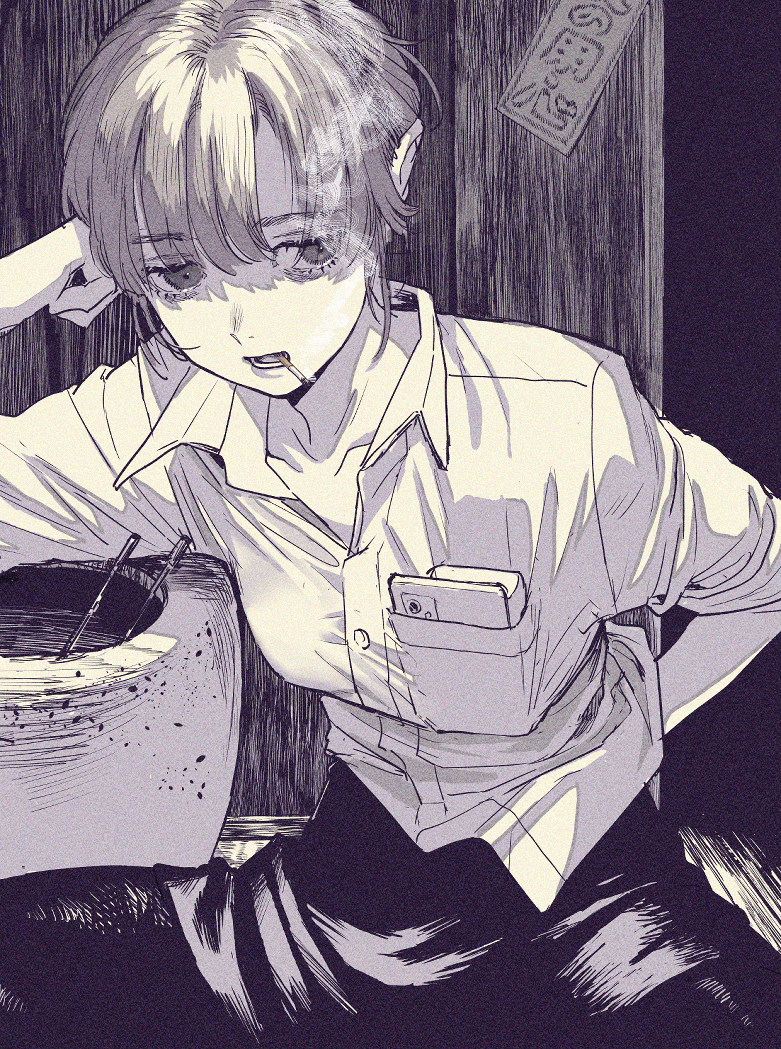 1girl breast_pocket cigarette collarbone collared_shirt commentary elbow_rest eyebrows_visible_through_hair greyscale hand_in_pocket katsuoboshi monochrome original pants pocket shirt short_hair sitting sleeves_rolled_up smoke smoking solo