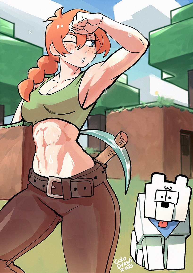1girl 2021 abs aemu alex_(minecraft) animal artist_name bare_shoulders belt belt_buckle blue_eyes breasts buckle colo_(nagrolaz) dated english_commentary freckles hair_between_eyes holding medium_breasts midriff minecraft one_eye_closed orange_hair pants pickaxe sleeveless solo sweat tree watermark wolf