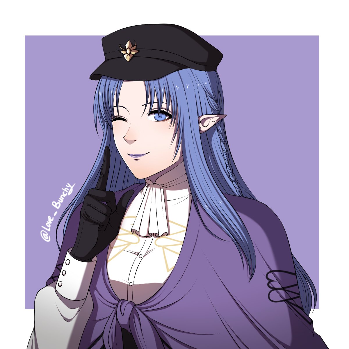 1girl black_gloves blue_eyes blue_hair braid closed_mouth commission cravat fate/grand_order fate/stay_night fate_(series) fire_emblem fire_emblem:_three_houses garreg_mach_monastery_uniform gloves hat highres index_finger_raised long_hair looking_at_viewer love_bunchy medea_(fate) military_hat one_eye_closed pointy_ears side_braid smile solo