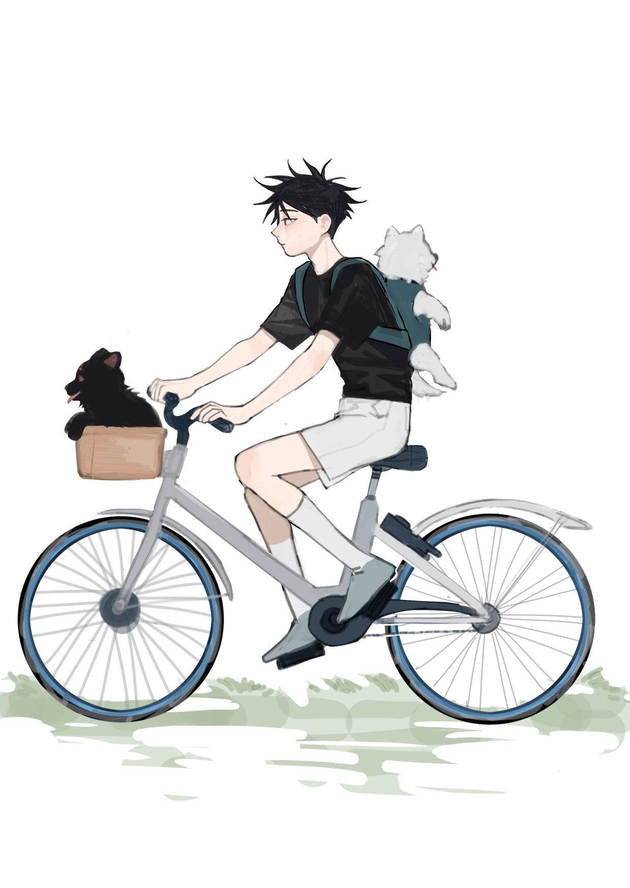 1boy babywearing bangs bicycle bicycle_basket black_hair black_shirt closed_mouth dog from_side full_body fushiguro_megumi green_eyes ground_vehicle hair_between_eyes highres jujutsu_kaisen li_chestnuts looking_away male_focus outdoors riding riding_bicycle shirt shoes short_hair short_sleeves shorts socks spiky_hair symbol-only_commentary white_shorts white_socks younger