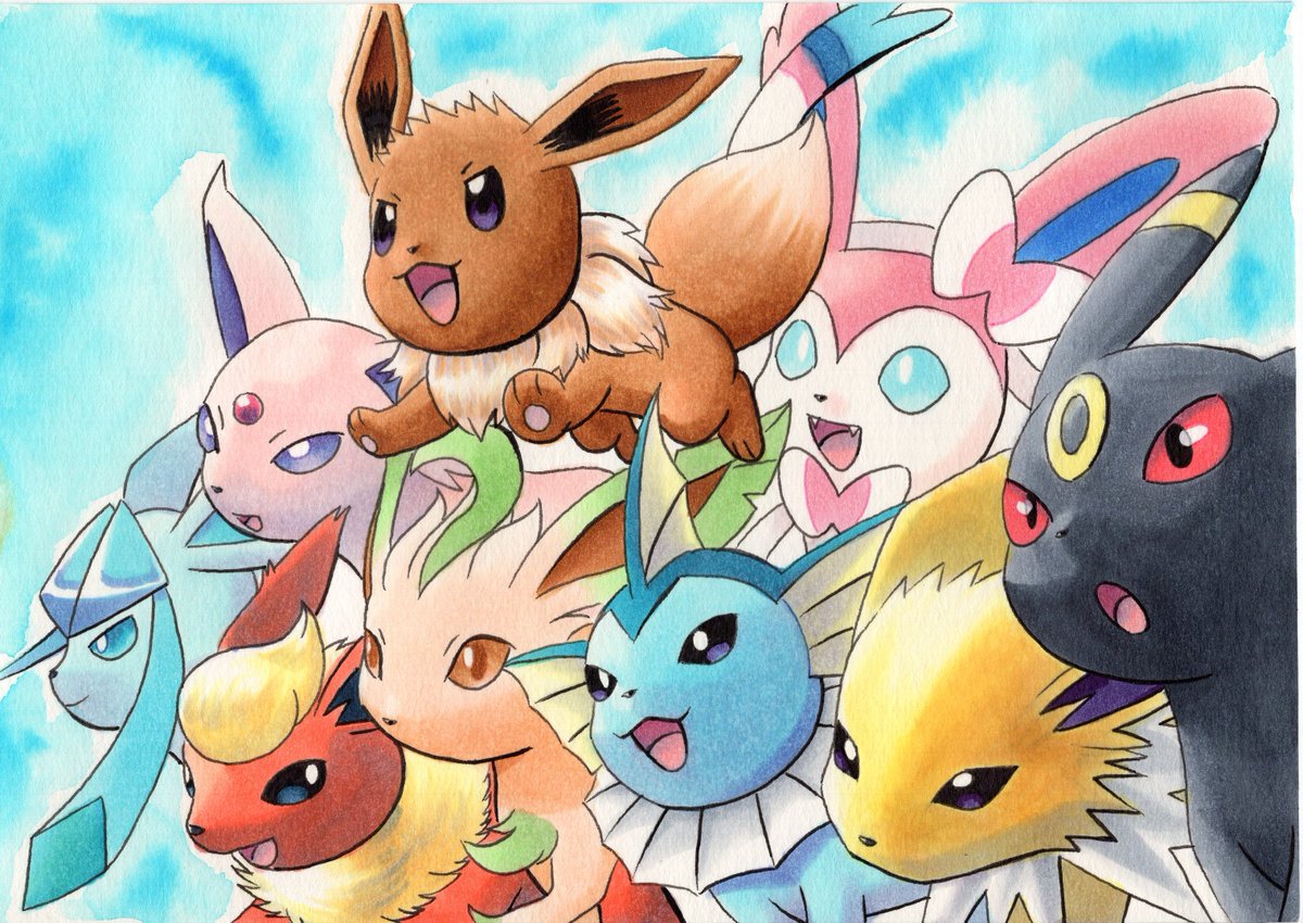 :d blue_background blue_eyes commentary_request eevee espeon fangs flareon glaceon jolteon jumping leafeon no_humans oka_mochi open_mouth pokemon pokemon_(creature) smile sylveon toes tongue traditional_media umbreon vaporeon